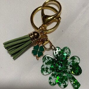 St. Patrick’s Day Purse Charm Green Clover Keychain with Gold Accents
